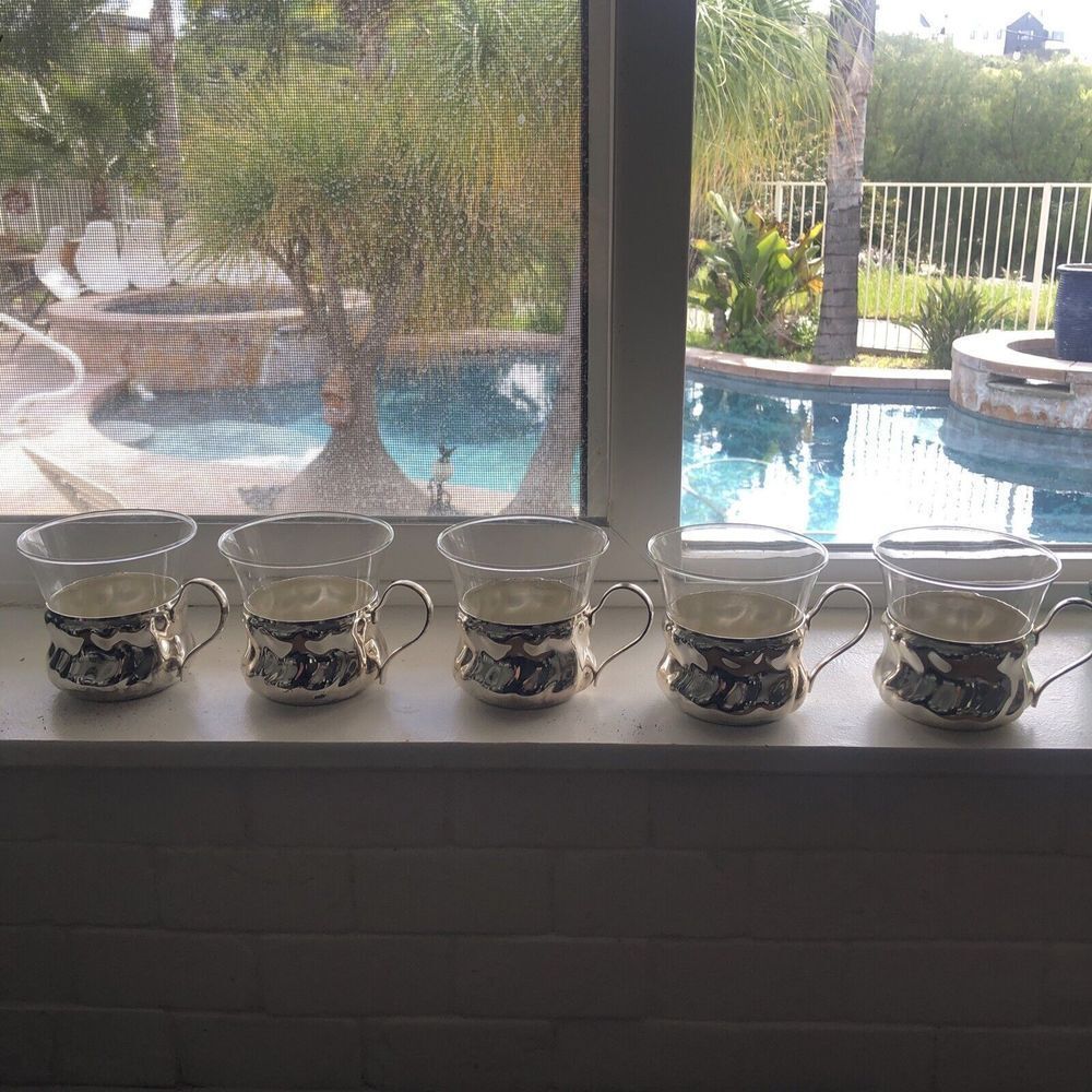 Spulmaschinenfest Glass Cups w Quist Silverplated Holders Coffee Tea 5 Vtg